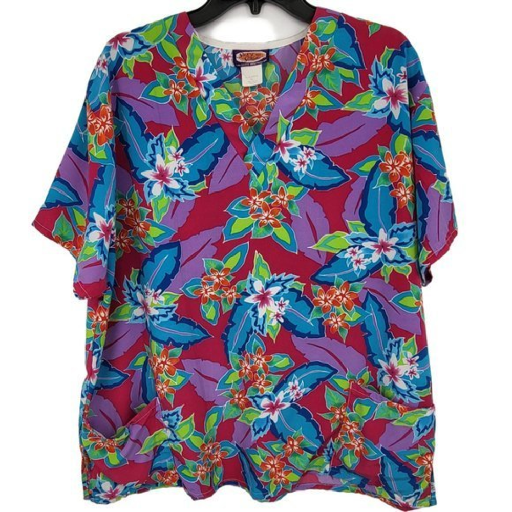 Vintage Scrub Top Womens XL Bright Hawaiian Floral Print Polyester Pockets Silky